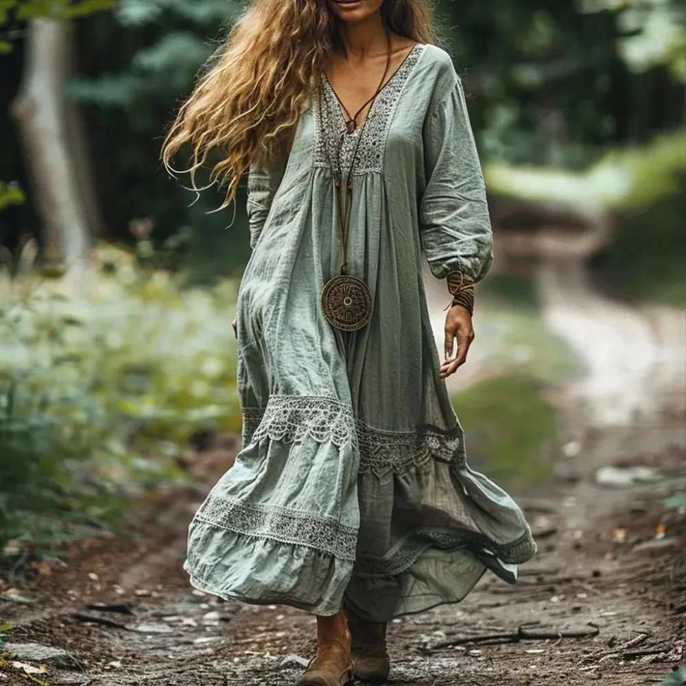Women's Bohemian V-neck Linen Blend Ethnic Midi Dress