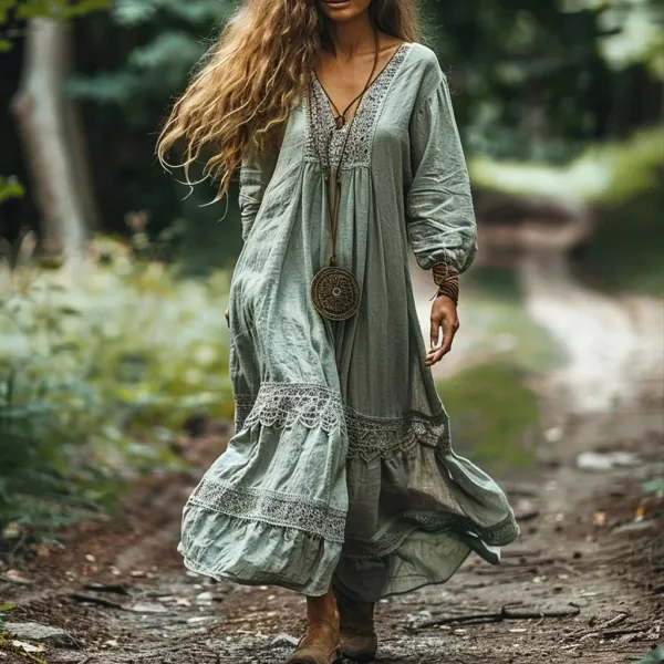 Women's Bohemian V-neck Linen Blend Ethnic Midi Dress