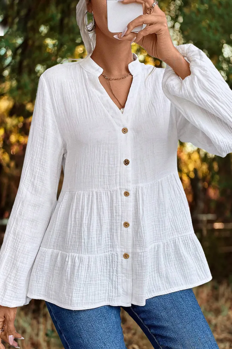 Solid Button Front Textured Ruffle Hem Shirt