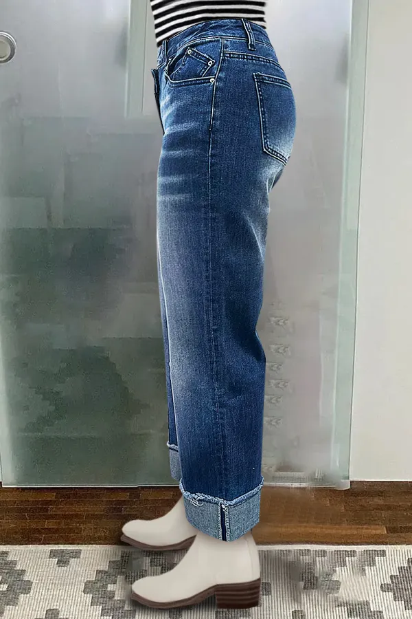 Wash Raw Roll Hem Wrap Mid Waist Straight Leg Jeans