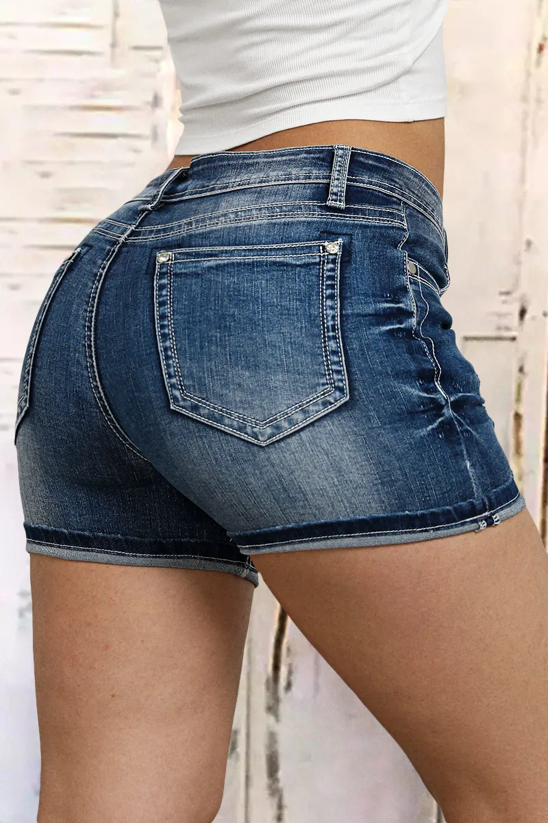 Wash Ripped Roll Hem Mid Rise Denim Shorts