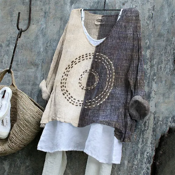 Concentric Circles Japanese Sashiko Contrast Patchwork Linen Blend Tunic