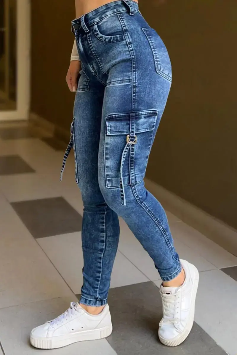 Buckle Strap Flap Pocket Side High Waist Skinny Cargo Jeans