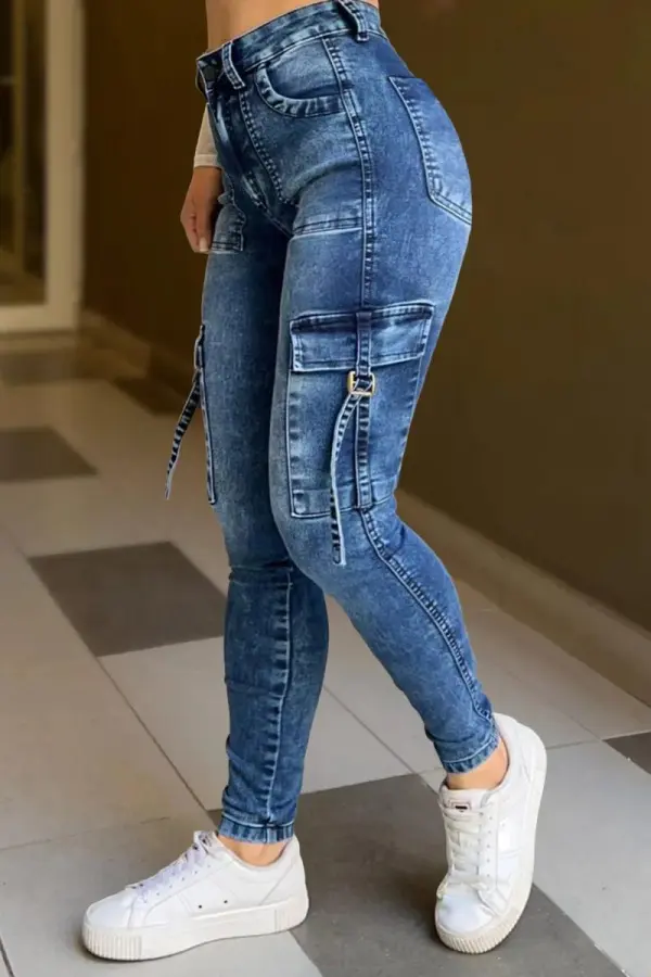 Buckle Strap Flap Pocket Side High Waist Skinny Cargo Jeans