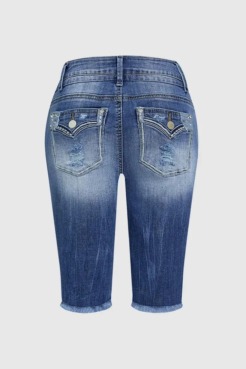 Ripped Raw Hem Mid Rise Denim Bermuda Shorts