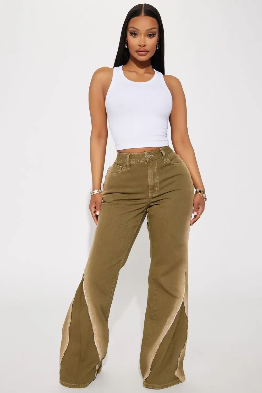 Let's Kick It Zip Straight Leg Jeans - Olive