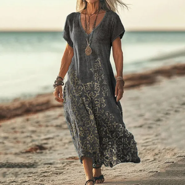 Women's Western Inspired Print Linen Blend Vintage Dress