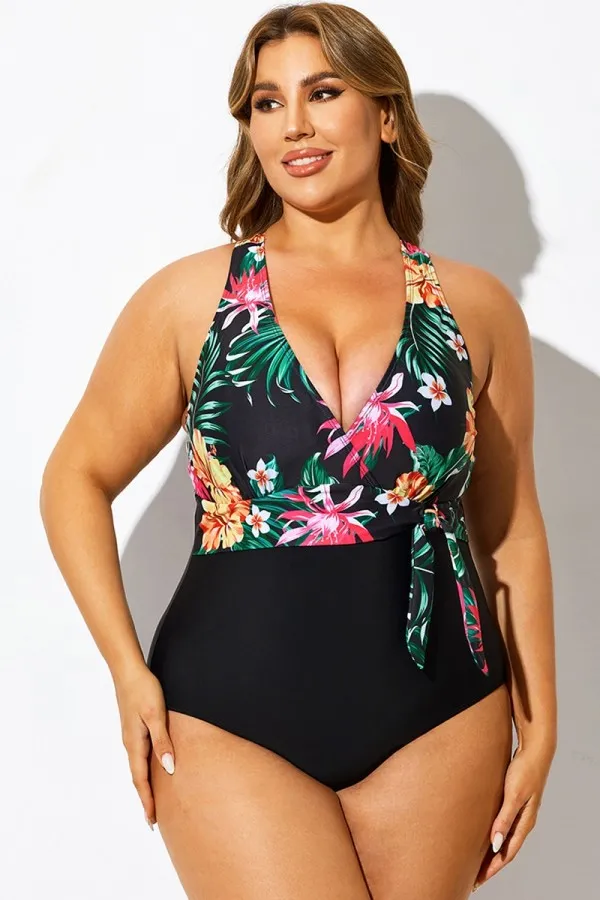Floral Print Halter Neck One Piece Swimsuit