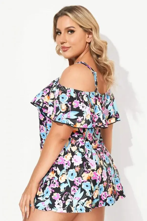 Floral Ruffle Cold Shoulder Women Swimdress
