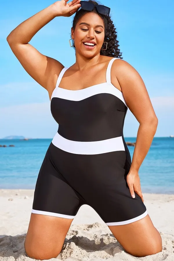 Plus Size Colorblock Black & White One Piece Swimsuit
