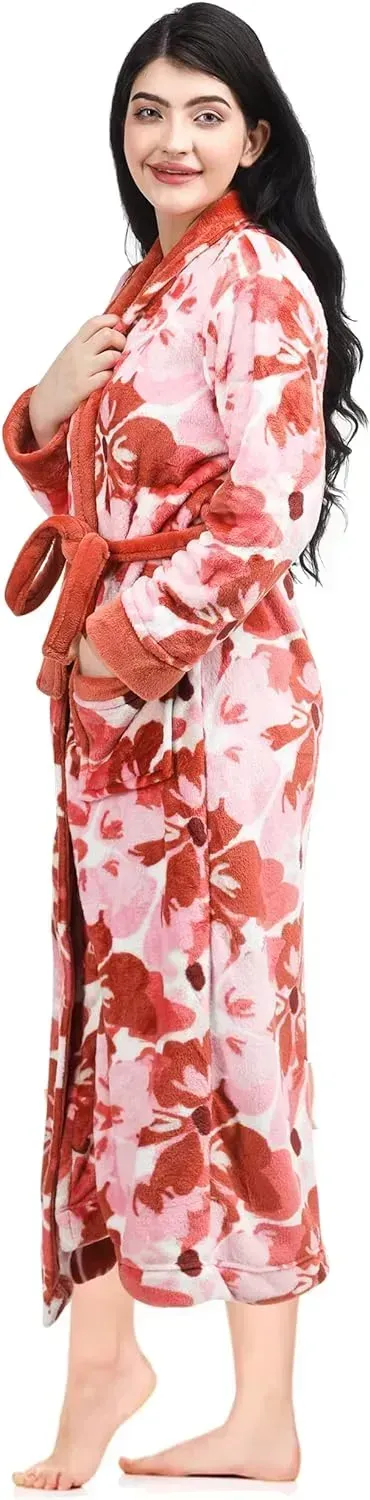 Women Fleece Shawl Collar Bathrobe - Plush Long Robe