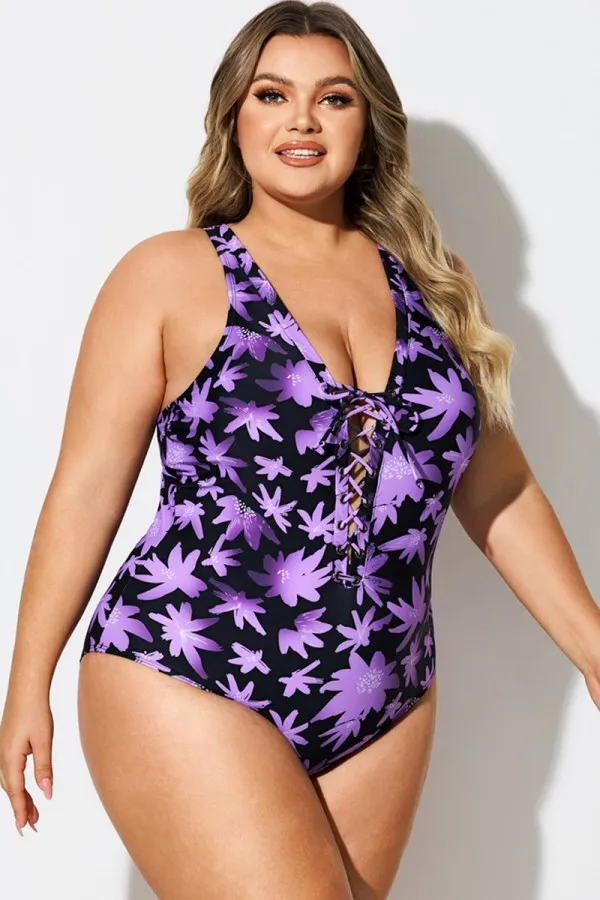 Floral Print Front Line Open Back One Piece Swimsuit