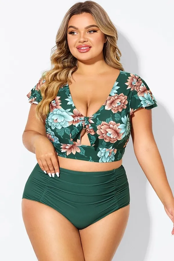 Red Geometric Interwoven Print Bikini Top