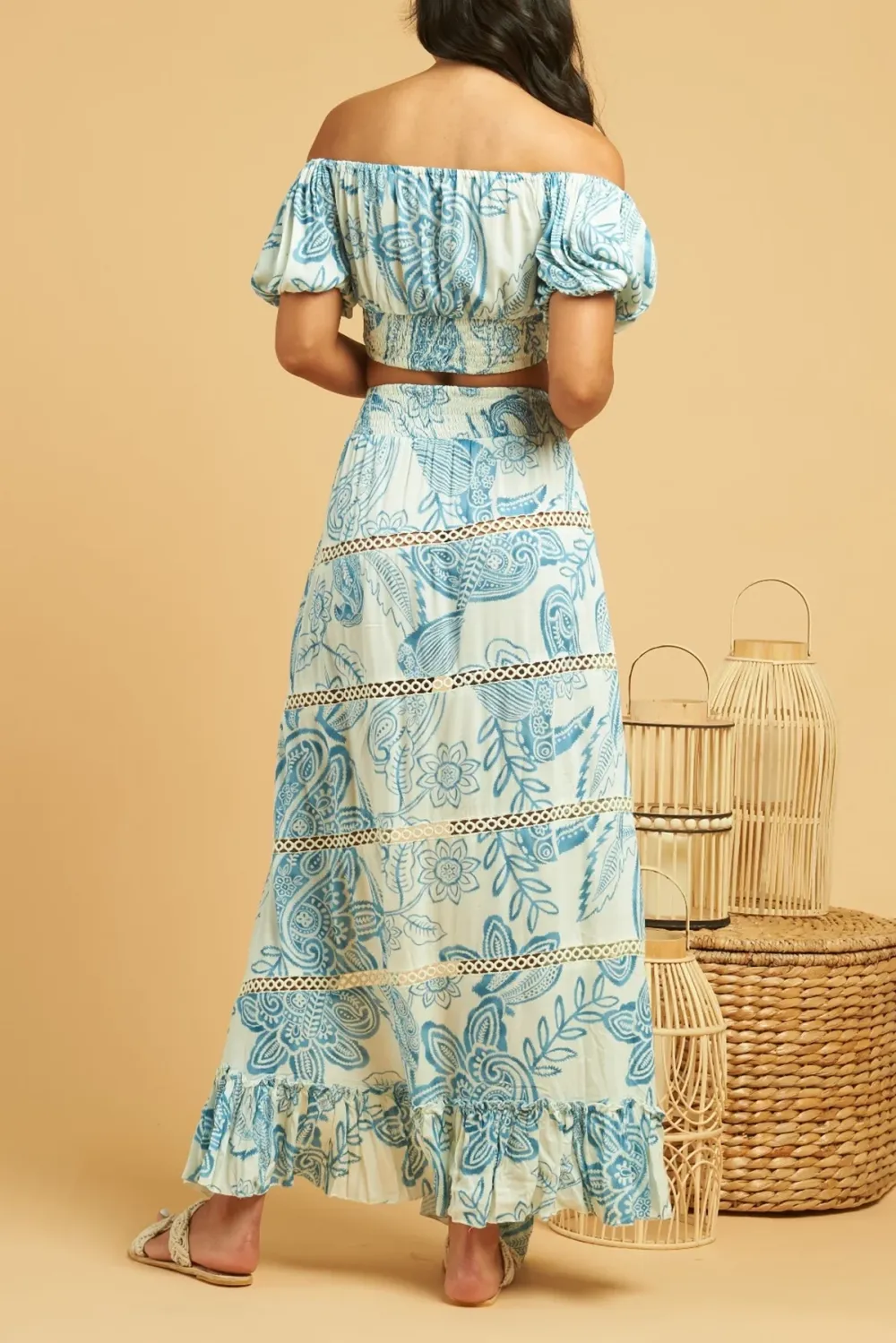 Blue And White Paisley Print High Slit Maxi Skirt