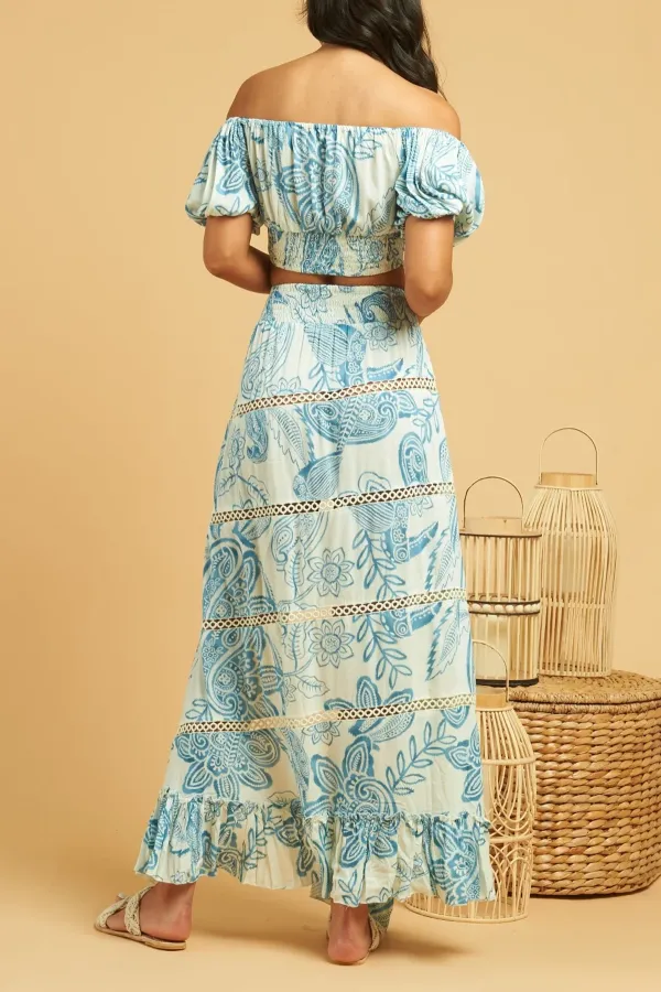 Blue And White Paisley Print High Slit Maxi Skirt