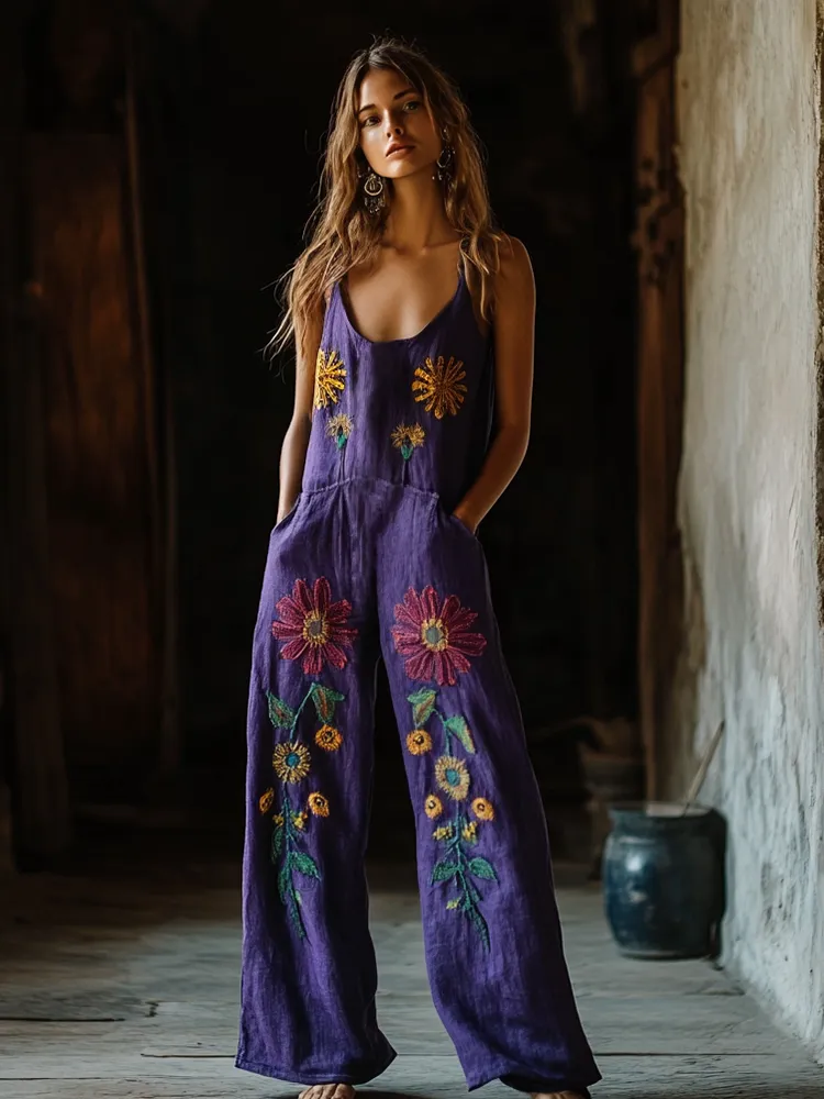 Vintage Floral Embroidered Pattern Art Linen Blend Loose Casual Jumpsuit