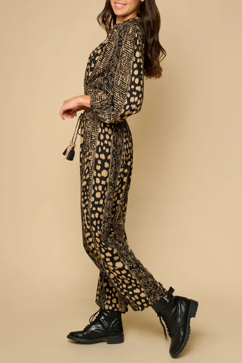 Brown And Black Geometric Print Crop Top And Pants Set