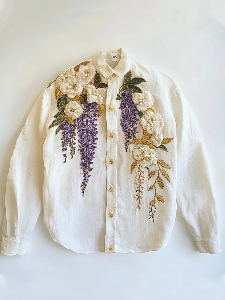 Women's Floral Embroidered Art Linen Blend Shirt