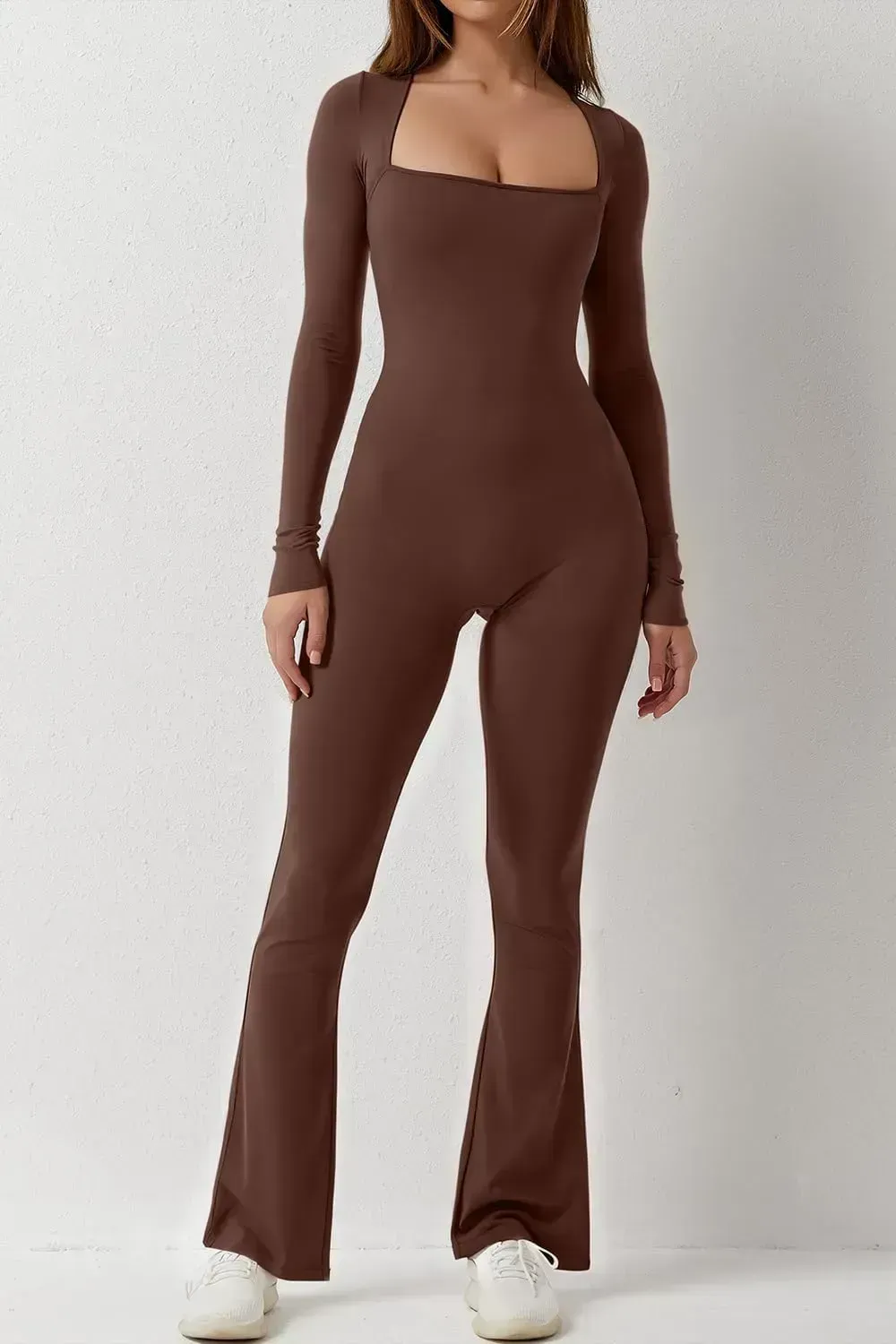 Long Sleeve Jumpsuits for Women Square Neck Wide Leg Full Length Romper Playsuit
