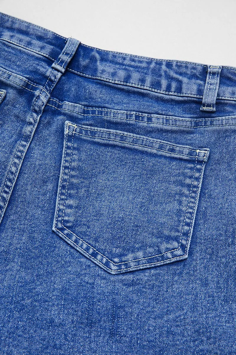 Wash Flap Pocket Front Mid Waist Denim Shorts