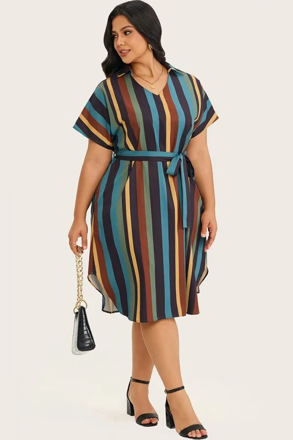 Striped Block Dolman Sleeve Belted Midi Dress