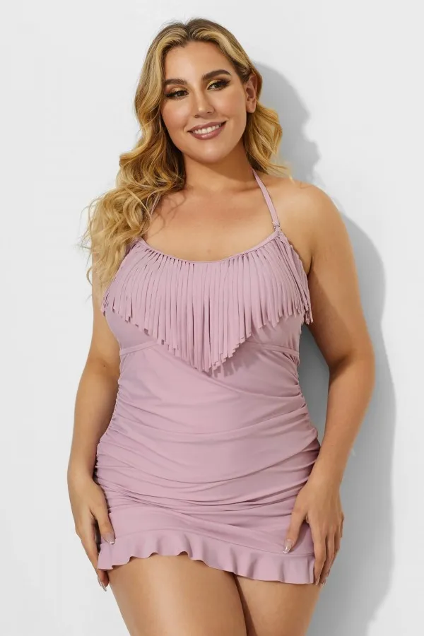 Solid Black Fringe Ruffle Hem Bandeau Swimdress