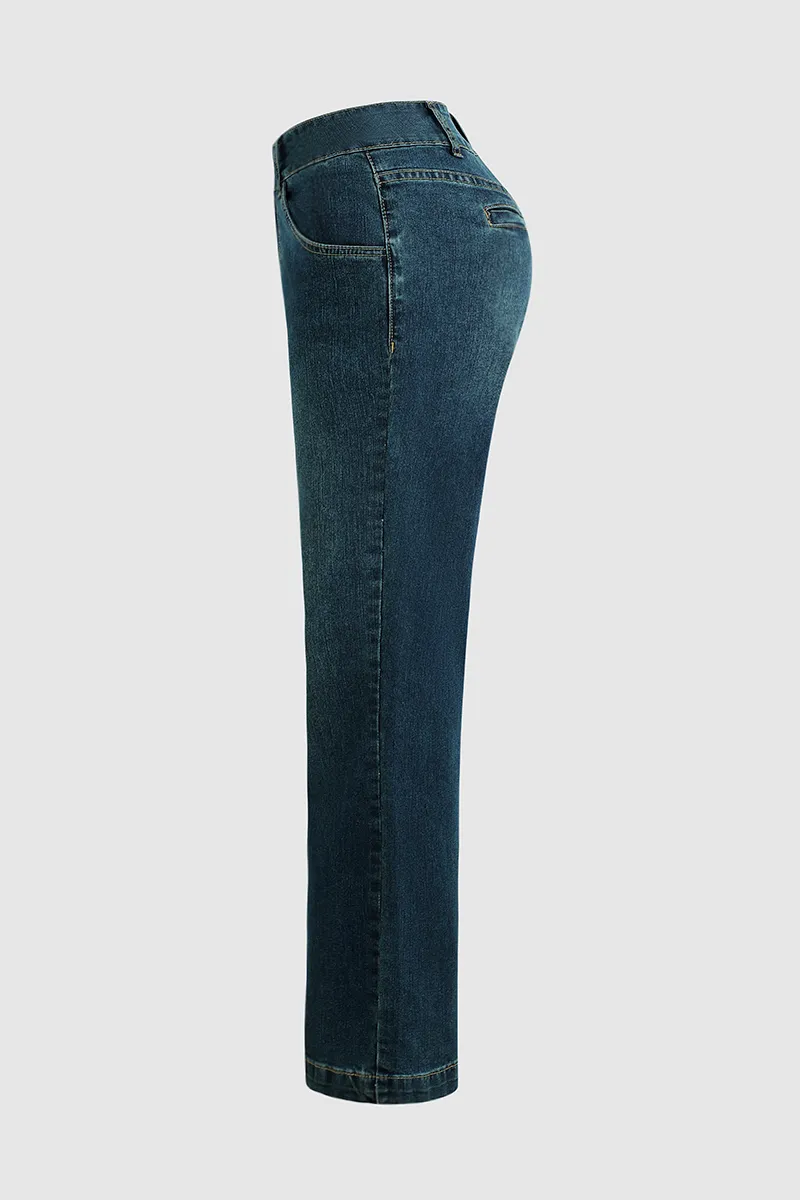 Vintage Oblique Button Mid Waist Straight Leg Jeans