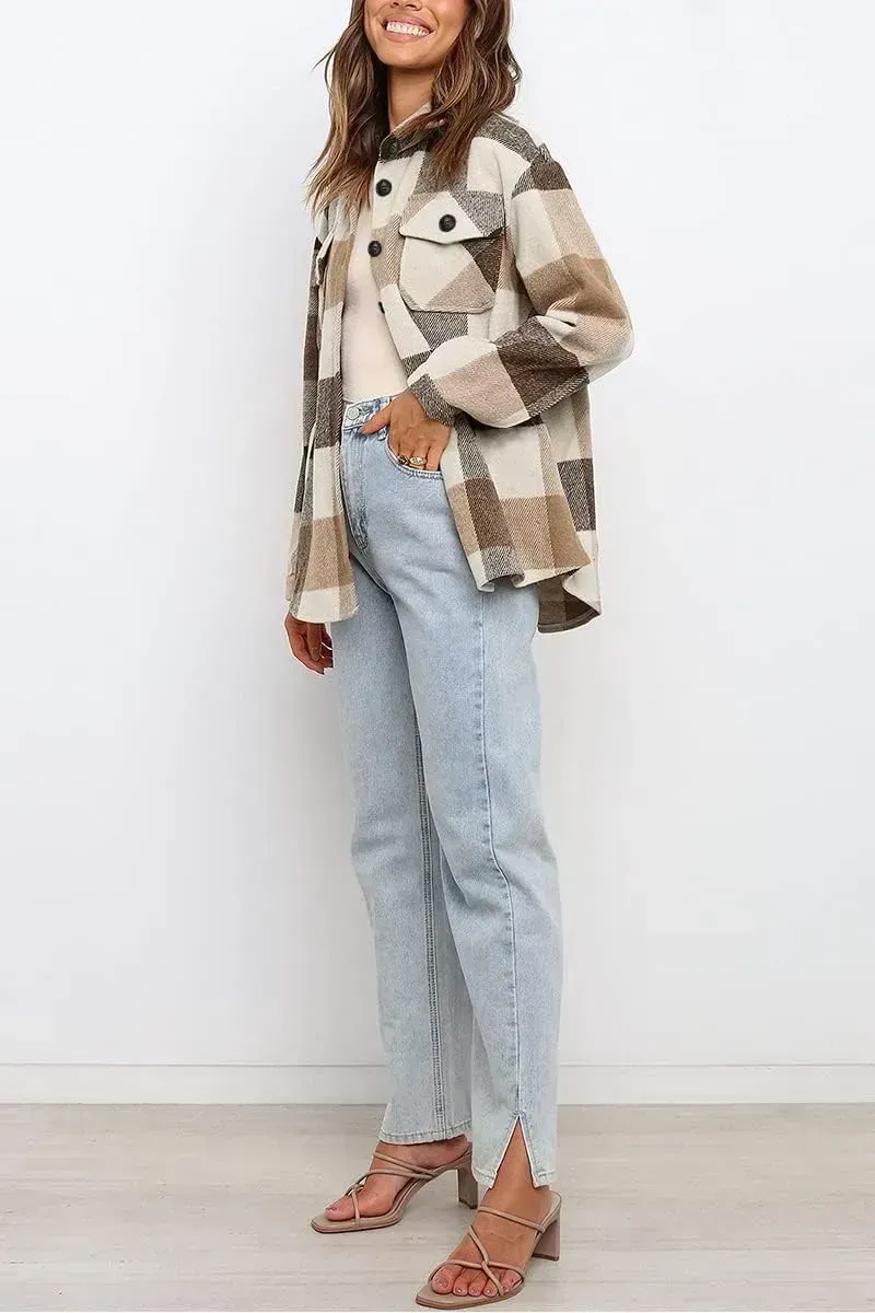 Womens Casual Plaid Shacket Button Down Long Sleeve Shirt
