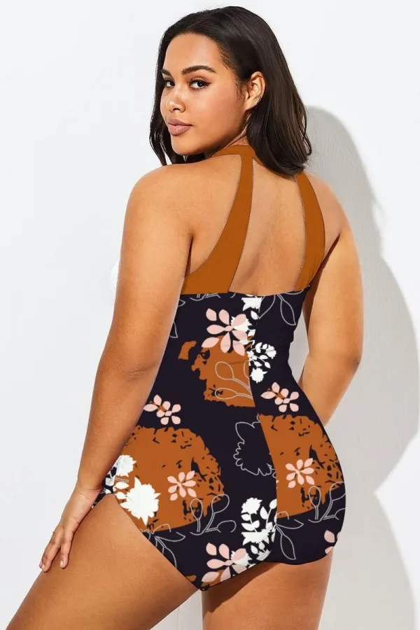 Caramel Brown  H-Back Sarong Front One Piece Swimsuit
