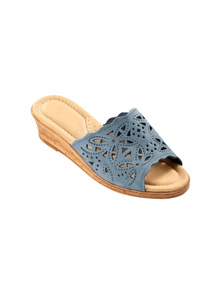 Women's Leather Cutwork Wedge Slide Sandals