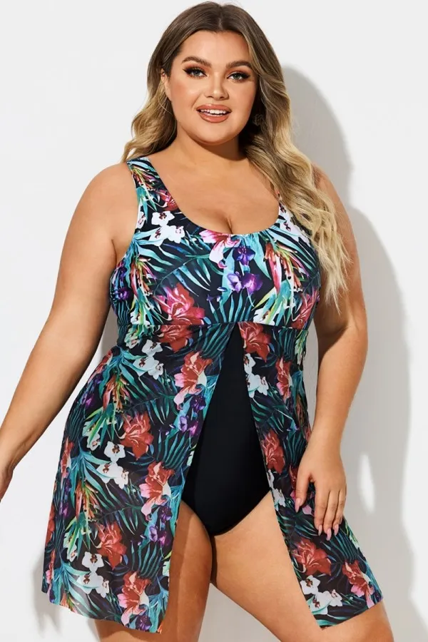 Tropical Floral Print V-Neck Split Hem Swimdress
