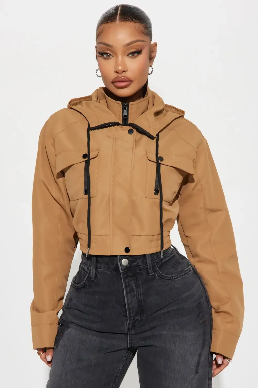 Kelsie Hooded Cropped Jacket - Khaki