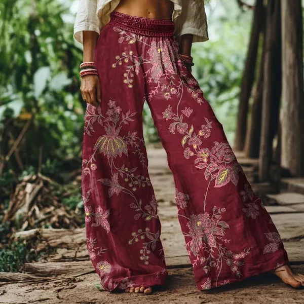 Women's Vintage Bohemia Floral Pattern Linen Blend Casual Pants