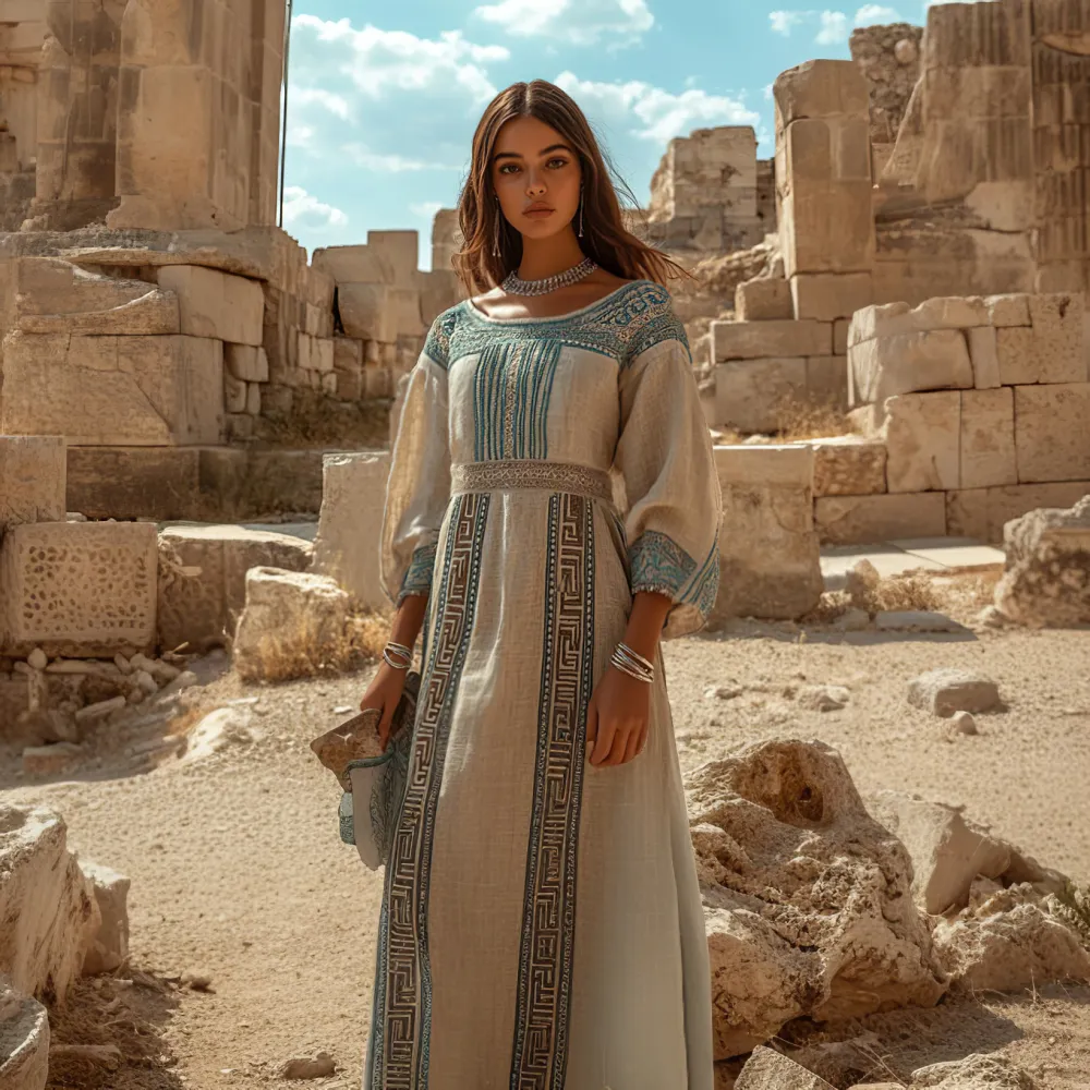 Retro Elegant Greek Key Crew Neck Linen Blend Maxi Dress