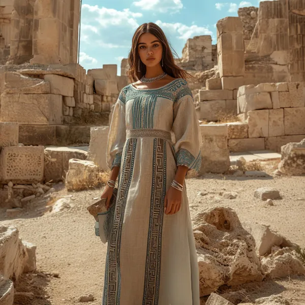 Retro Elegant Greek Key Crew Neck Linen Blend Maxi Dress