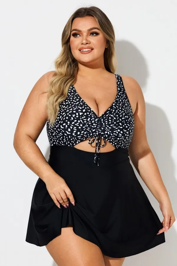 Dot Print V-Neck Lace Up Cut Out Swimdress