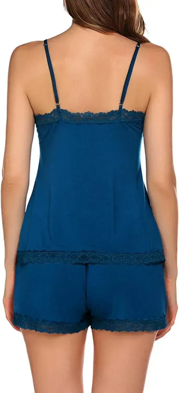 Women Cami Pajama Set Modal Sleepwear Lace Trim Short PJ Set with Shorts