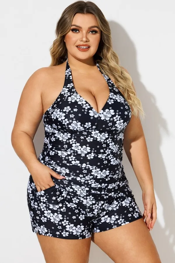 Floral Print Self-Tie Halter Shirred Tankini Top