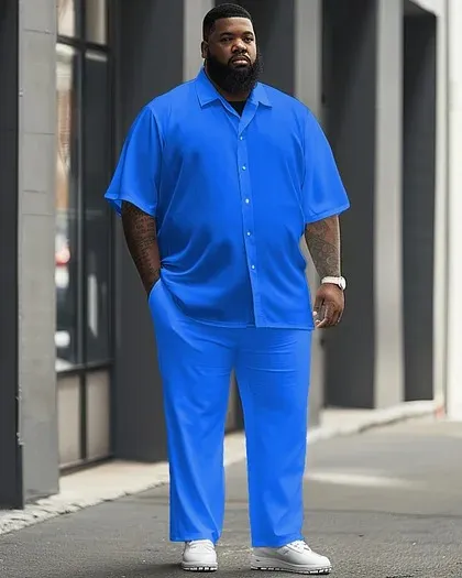 Big Men'S Casual Solid Color Short Sleeve Shirt And Pants Set