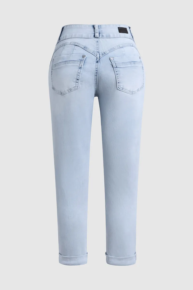 Double Button Ripped Roll Hem Mid Waist Capri Jeans