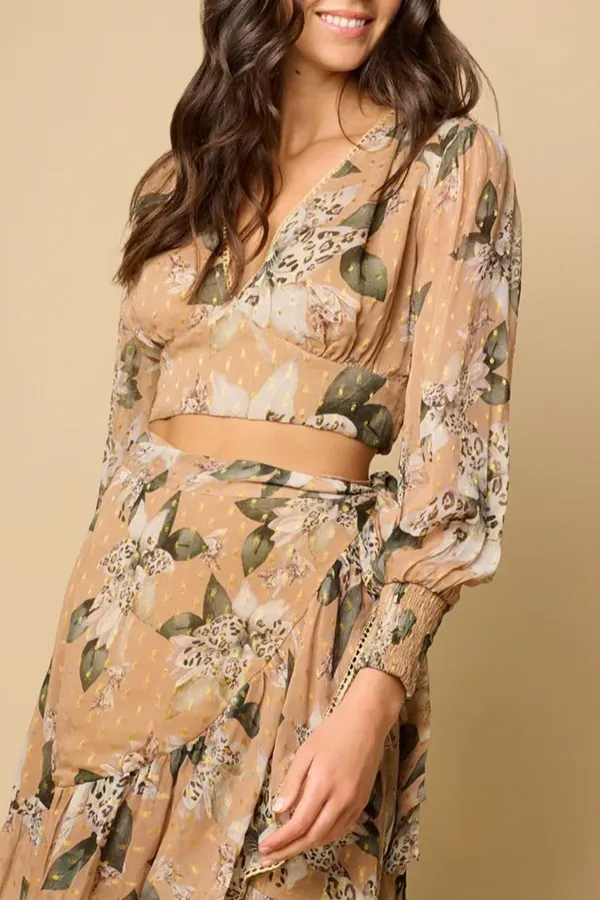 Light Brown Floral Print Sheer Crop Top