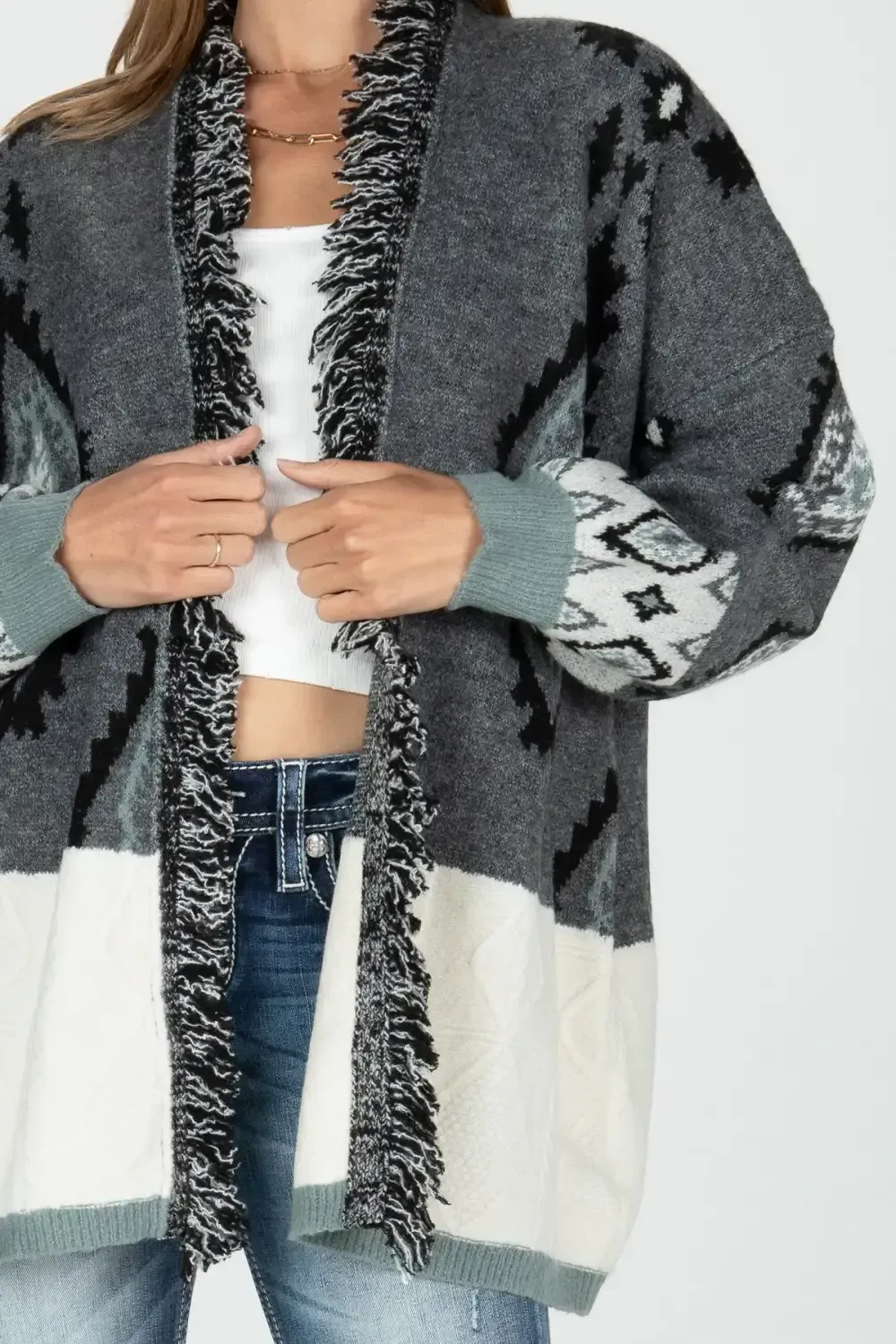 Sweater Block Open Front Aztec Cardigan