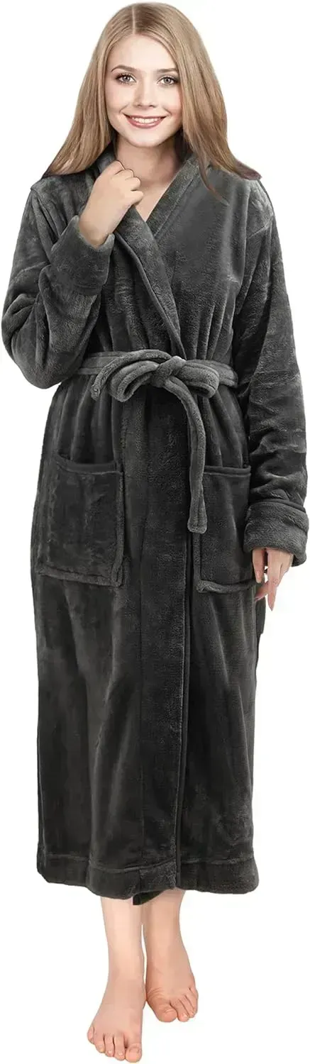 Women Fleece Shawl Collar Bathrobe - Plush Long Robe