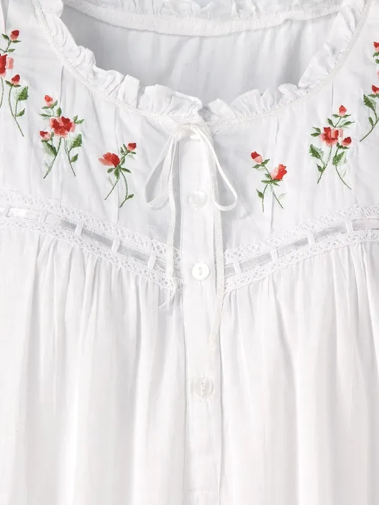 Sweetheart Rose Embroidered Cotton Nightgown
