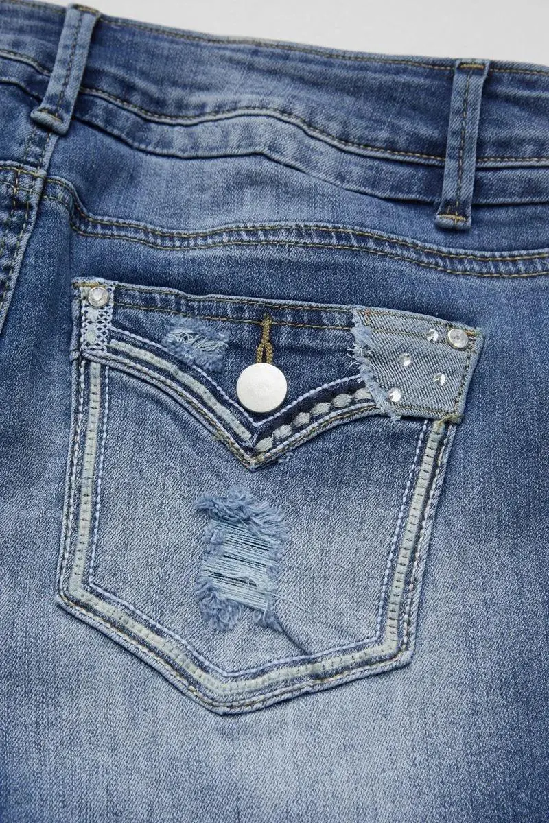 Ripped Raw Hem Mid Rise Denim Bermuda Shorts