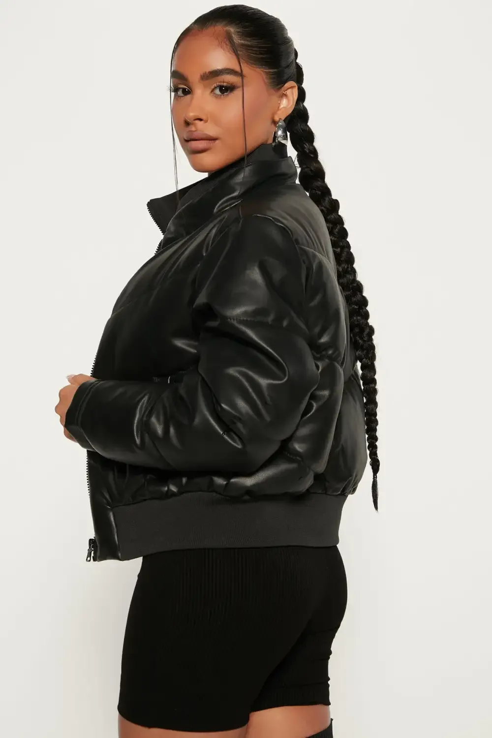 No Excuses Faux Leather Puffer Jacket - Black
