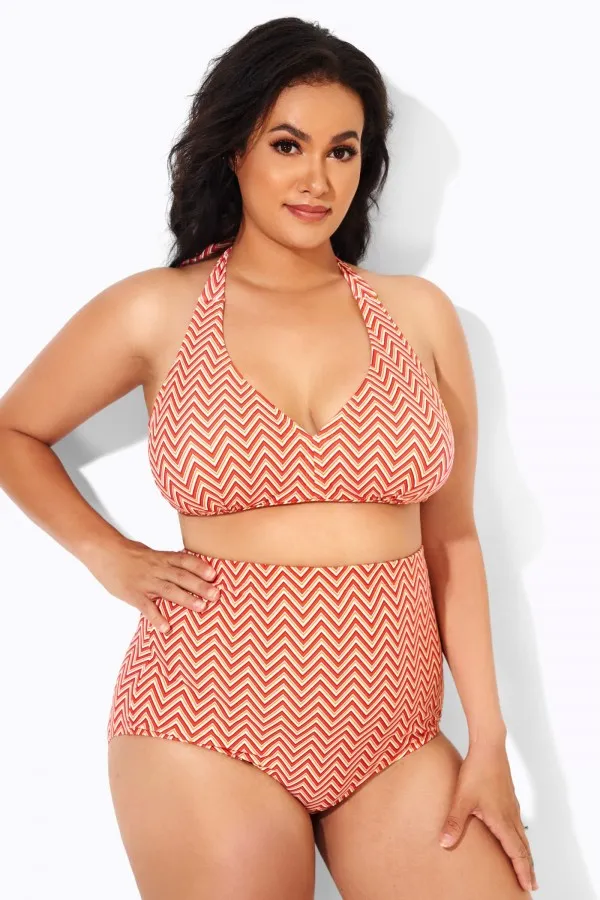 Wave Pattern Halter High Waist Bikini Top