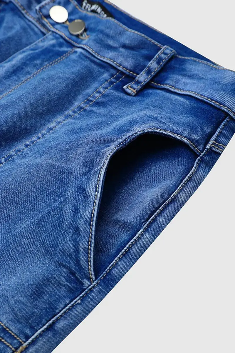 Ripped Double Button Wash Stretchy High Waist Skinny Jeans