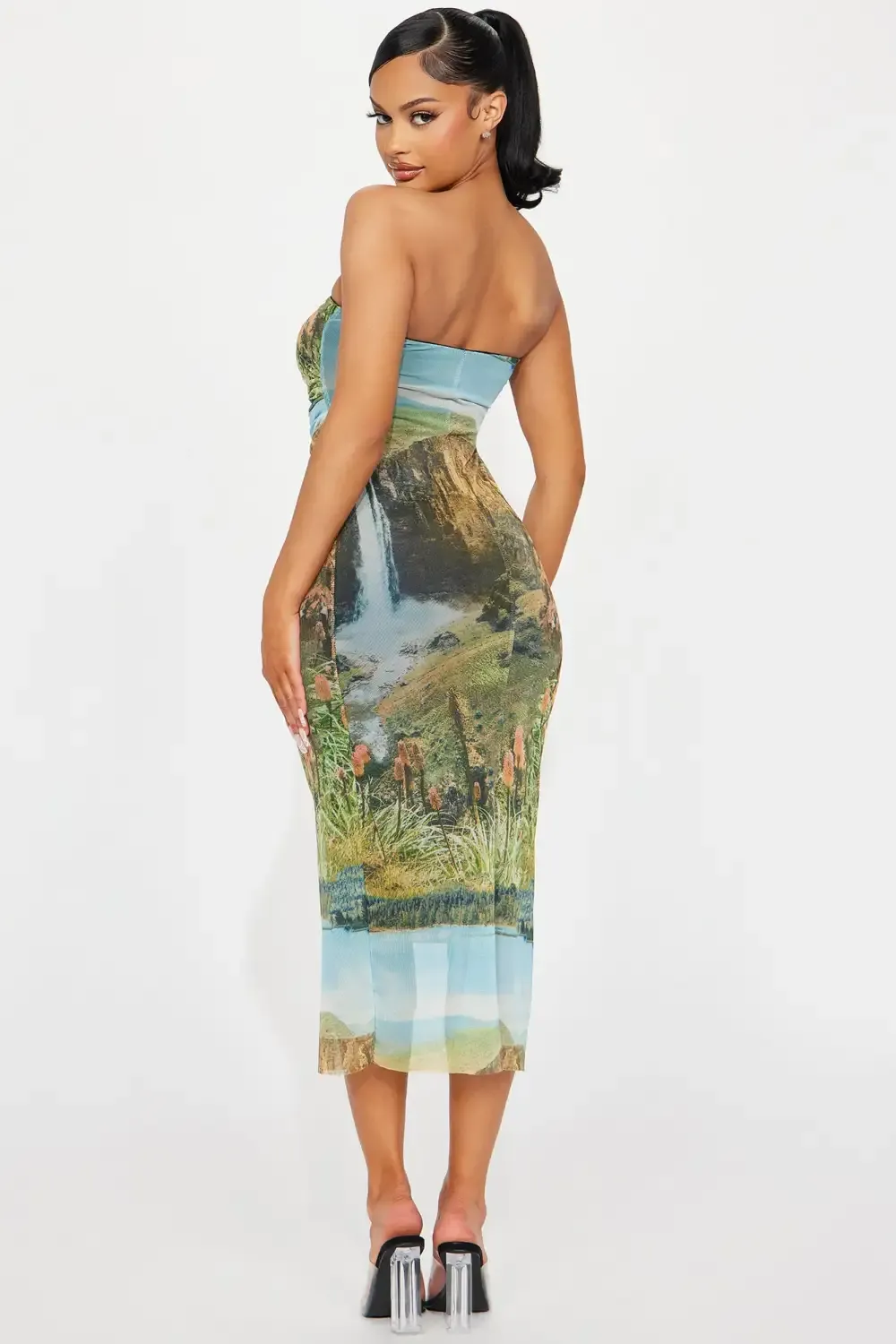Perla Mesh Midi Dress - Brown Combo