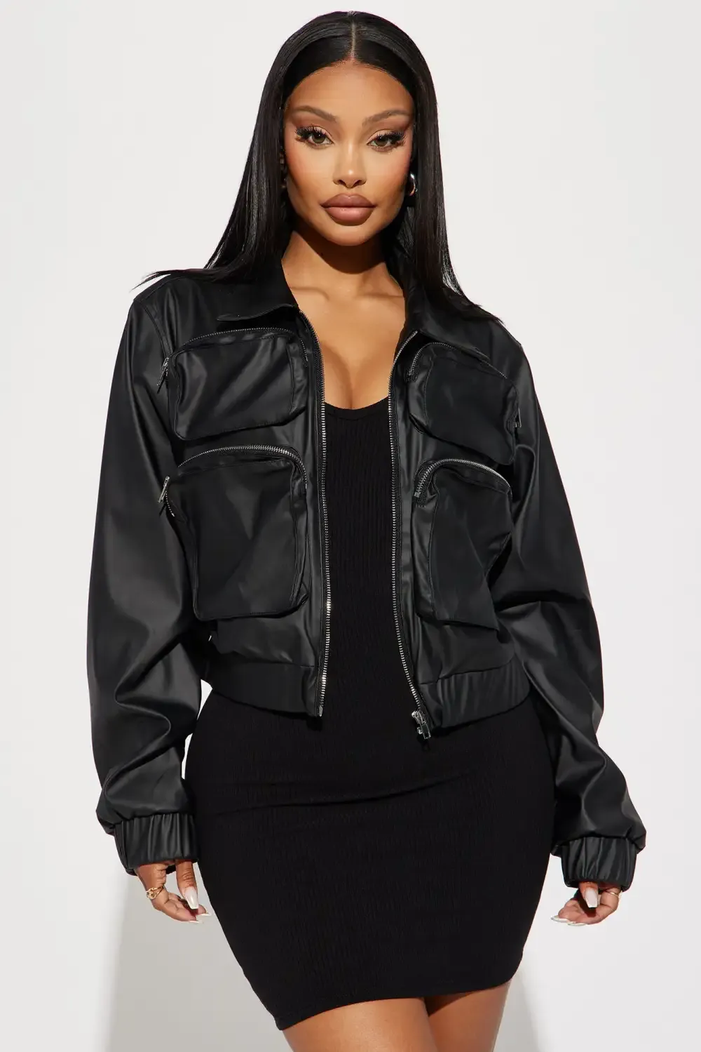 Fair And Square Faux Leather Bomber Jacket - Black